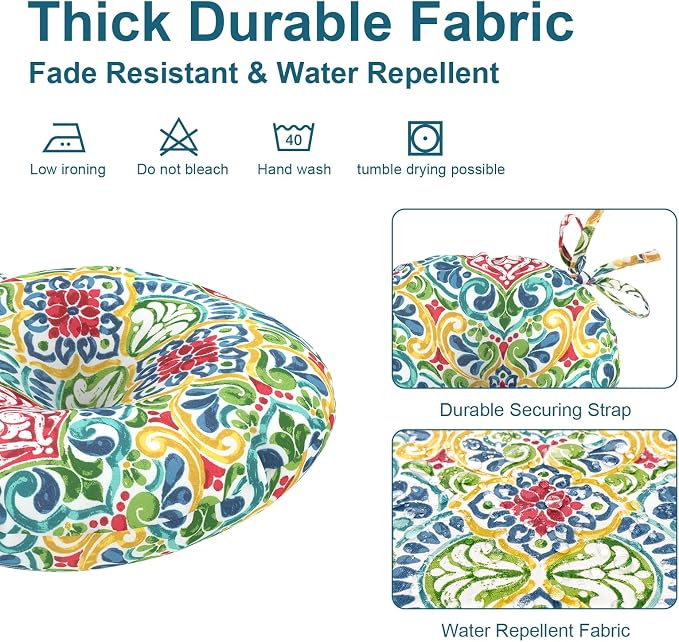 DYTXIII Set of 2 Outdoor Round Chair Cushions 15"x15"x4" with Ties, Water Repellent Tufted Bistro Seat Cushions, Thick Patio Chair Pads for Bar Stool, Garden & Dining Furniture - Damask Red