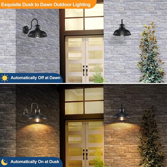 2-Pack Dusk to Dawn Outdoor Wall Sconces, Exterior Farmhouse Gooseneck Barn Light, Vintage Matte Black Outside Wall Mount Light Fixture, Anti-Rust Waterproof Outdoor Light for House Porch Garage