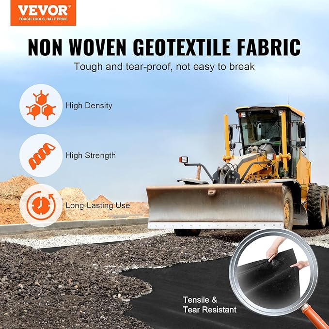 VEVOR 6FTx100FT Non-Woven Geotextile Heavy Duty 8oz Driveway Underlayment for Gravel, Ground Cover, Garden Weed Barrier, Drainage Fabric, Landscaping, Black | Withstand Harsh Environment,Excellent Permeability and Breathability