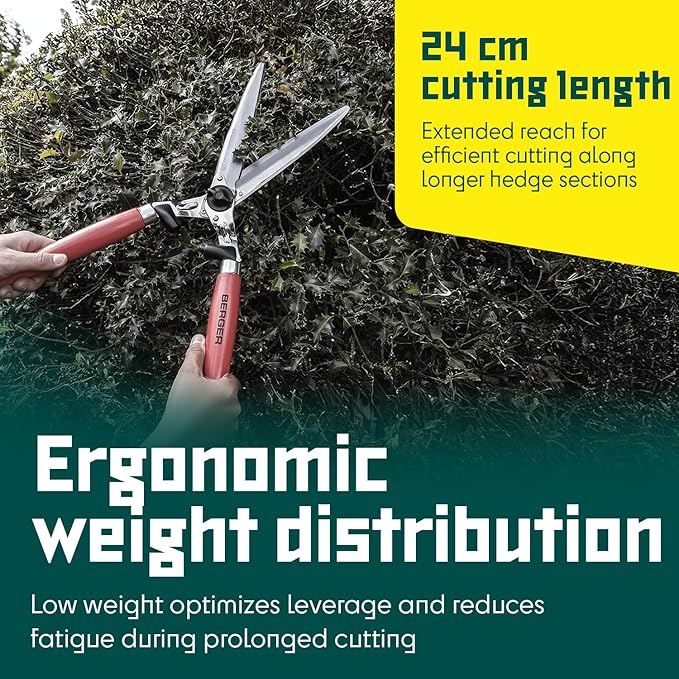 BERGER Hedge Shears – Professional 23.6" Garden Clippers with Self-Sharpening Chrome-Plated Steel Blades, 9.25" Cutting Length, Beechwood Handles – 4490