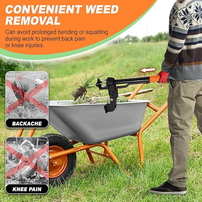Weed Puller Tool,4-Claw Heavy Duty Gardening Stand-Up Weeder Puller,Ergonomic Long Handle,3 High-Strength Stainless Steel Claws for Lawn Garden,Crabgrass,Dandelion,Thistle (Include gloves)