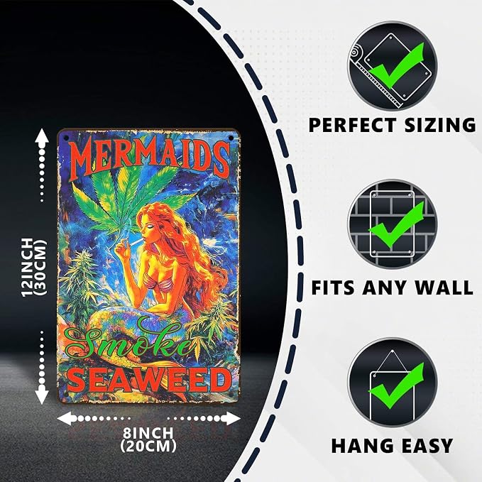 Vintage Mermaid Metal Sign Mermaids Smoke Seaweed Retro Ocean Beach Tin Sign Wall Decor Coastal Home Beach House Patio Porch Bathroom Coastal Novelty Decor Bar 12 * 8 In