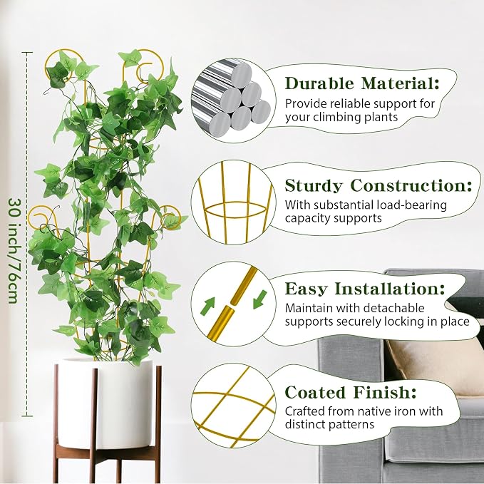 ZOUTOG Trellis for Climbing Plants Indoor 4 Pack 30 Inch,Rustproof Metal Garden Trellis for Potted Plants,Houseplant Support Indoor Outdoor for Ivy Pothos Monstera Hoya Flower Vines(Golden Round)