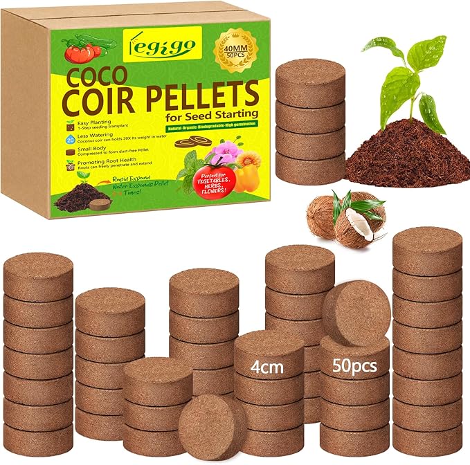Legigo 50 Pcs 40mm Coco Coir Pellets Seed Starter Soil Mix- Organic Coconut Coir Potting Soil Pods for Seedling, Coco Peat Soil Discs for Indoor & Outdoor Plants Bonsai Herbs Vegetables and Flowers