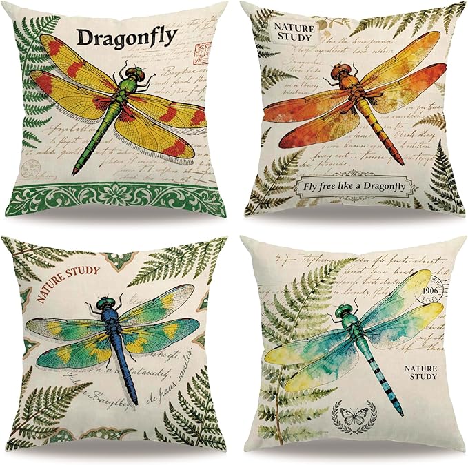 7COLORROOM Vintage Dragonfly Throw Pillow Covers 18x18 Inch,Watercolor Dragonfly Nature Theme Pillowcases Spring Country Style Home Decor Cushion Cases 4Pack,for Sofa Couch Porch Patio (Green)