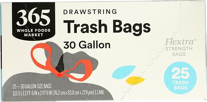 365 by Whole Foods Market, Flextra Strength Drawstring Trash Bags, 30 Gallon, 25 Count