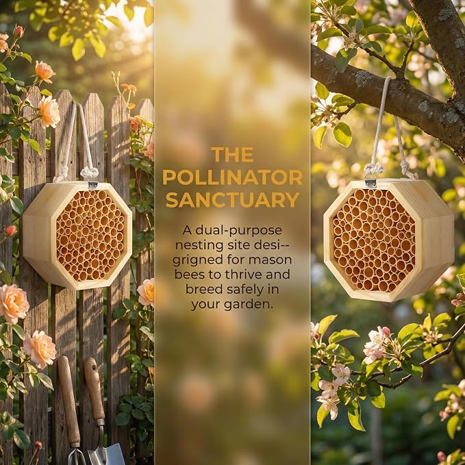 Mason Bee House - Handcrafted Natural Wooden Bee Hotel with Waterproof Wax Coating - Attracts Peaceful Pollinators, Enhances Garden Productivity