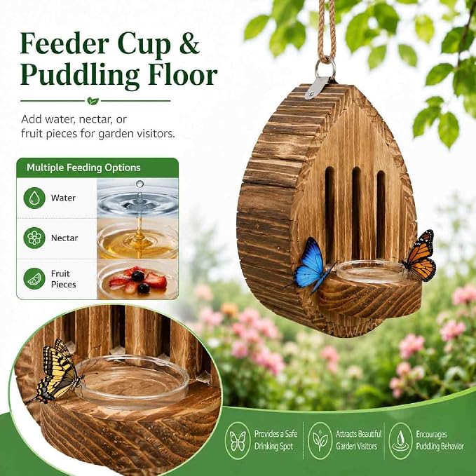 Butterfly Houses for Outside, Wooden Butterfly House Feeder Shelter with Puddling Floor, Tree Hanging Teardrop Habitat Box for Garden, Yard, Patio, Backyard Outdoor Decor (2PCS)