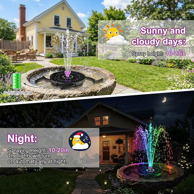 Solar Fountain Pump with 2000mah Battery & Works in Cloudy Day, Glass Solar Water Fountain with 10 LED Lights, 7 Nozzles and 3 Spray Height Adjustment, Solar Bird Bath Fountains for Garden, Pool, Pond
