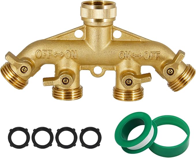 Lifynste 4 Way Brass Hose Splitter, 3/4" Heavy-Duty Brass Garden Hose Splitter, Garden Hose Adapter Connector