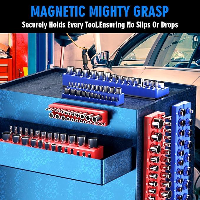 Magnetic Socket Organizer Set, 6-Piece Socket Holder Trays for 1/4" 3/8" 1/2" Drive, Holds up to 143 Sockets, Compatible with Metric and SAE Sizes (Blue & Red)