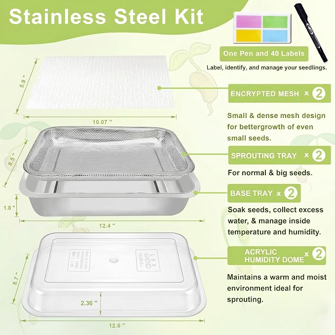 Stainless Steel Sprouts Growing Kit 2-Tier 12.4 inch Trays with Acrylic lid, Microgreens Growing Kit, Seed Sprouting Tray with Encrypted Mesh and lid Sprouts for Beans Alfalfa