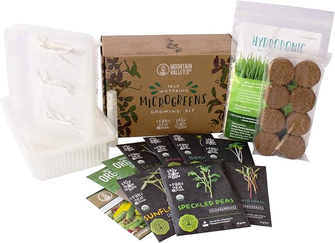 Self-Watering Indoor Microgreens Kit – Soil and Hydroponic Combo Pack – Complete Growing Set for Vegetable and Herb Microgreens – Includes Broccoli, Radish, Chard, Cilantro Seeds, and More