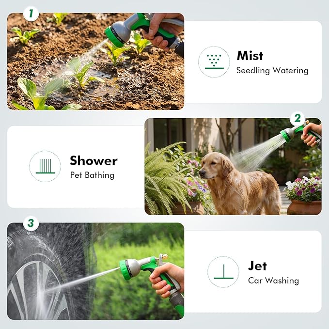RESTMO Heavy Duty Metal Garden Hose Nozzle, Water Hose Nozzle with 7 Adjustable Spray Patterns, High Pressure Hose Sprayer with with Flow Control, for Plants & Lawns, Washing Cars & Pets, Green