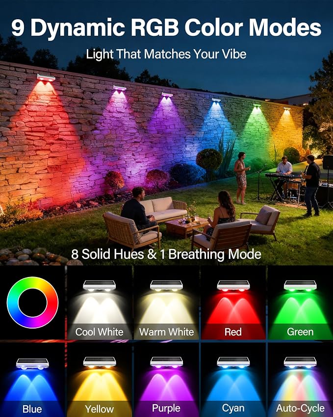 Solar Fence Lights Outdoor, 2 Pack Ultra-Bright 85LM Fence Lights Solar Powered, 9 RGB Color Modes, IP65 Waterproof, 12H Dusk to Dawn Glow for Pool/Deck/Patio/Wall/Backyard - White
