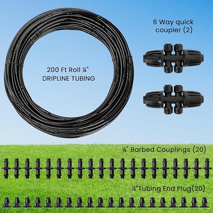 MIXC 1/4" Irrigation Dripline Tubing (200 Ft Roll), Saving 80% Water, 6" Emitter Spacing, 0.5 GPH Emitters Built-In Drip Irrigation Line with 1/4" Fittings Included, Black