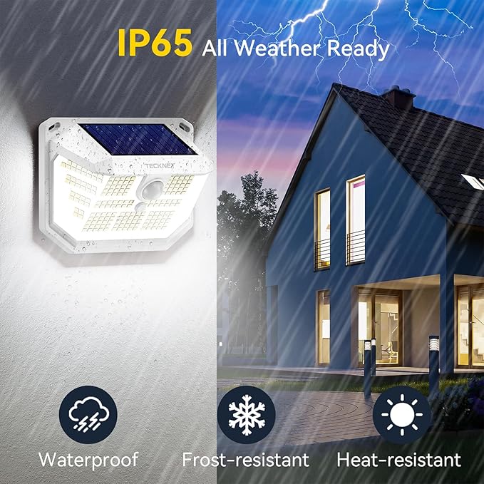 TECKNET 231 LED Solar Motion Lights Outdoor, 300° Angle & 3 Lighting Modes, PIR Motion Sensor & IP65 Security Solar Wall Lights for Fence Front Door Yard Deck Garden Garage(6 Pack)