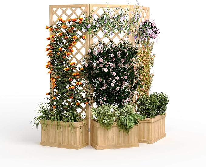 Cedar Privacy Screen with Planter Box - 3-Panel Freestanding Garden Fence, 62 in x10 in x65 in Tall Outdoor Divider with Drain Holes & Raised Bed for Patio, Deck & Backyard (Natural Wood)