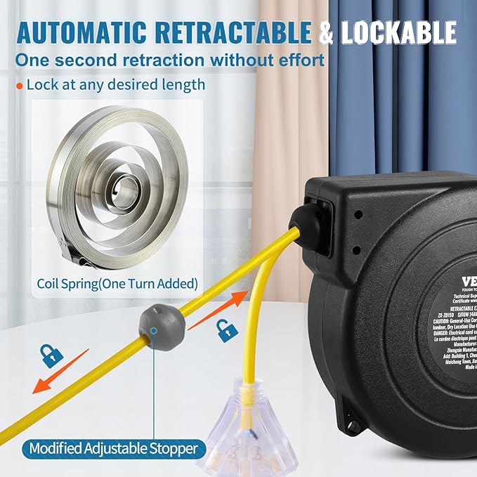 VEVOR Retractable Extension Cord Reel, 50 FT, Heavy Duty 14AWG/3C SJTOW Extension Power Cord with Lighted Triple Tap Outlet, 13A Circuit Breaker 180° Swivel Bracket for Ceiling or Wall Mount, Yellow