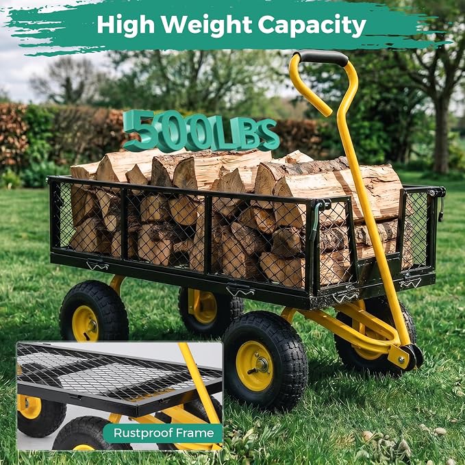 SUNNYFEEL Heavy Duty Garden Cart, 500 LBS Capacity Metal Mesh Utility Wagon with 10" Flat-Free Wheels, Removable Sides, 180 Adjustable Handle, All Terrain Yard Cart for Gardening, Firewood