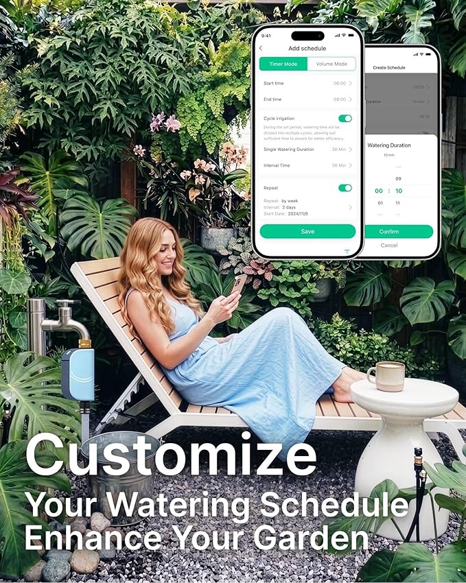 WiFi Water Timer for Garden Hose, Smart Sprinkler Controller with Heavy-Duty Brass Inlet & Flow Meter, No Hub Required, App Control Rain Delay Outdoor Hose Valve