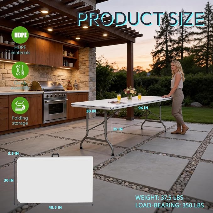 HLPB Folding Table Picnic Table, 8 ft Portable Camping Table with Handle and Safety Locks, Foldable Table Plastic Dining Table Indoor Outdoor for Camping, Picnic and Party