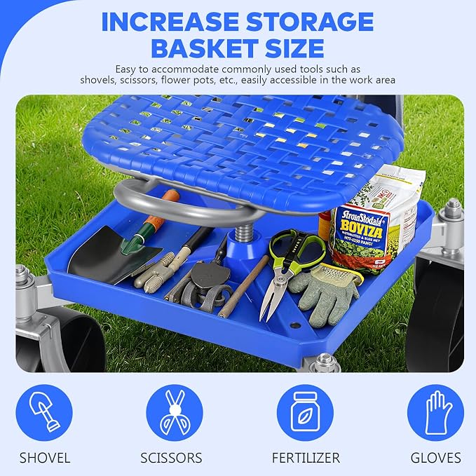Cuteam Rolling Gardening Seat, Height Adjustable Garden Work Seat with Wheels, Heavy Duty Garden Tool Cart with Storage Tray for Seniors Yard Patio Work, 330 Lbs Capacity (Blue)