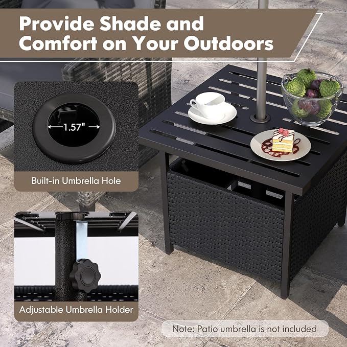 Tangkula Outdoor Table with Umbrella Hole, Rattan Umbrella Stand Table, Wicker Outside Side Table with Steel Metal Frame, Patio Bistro Table for Deck Garden Pool Yard, 22 x 22 x 18.5 Inch (Black)