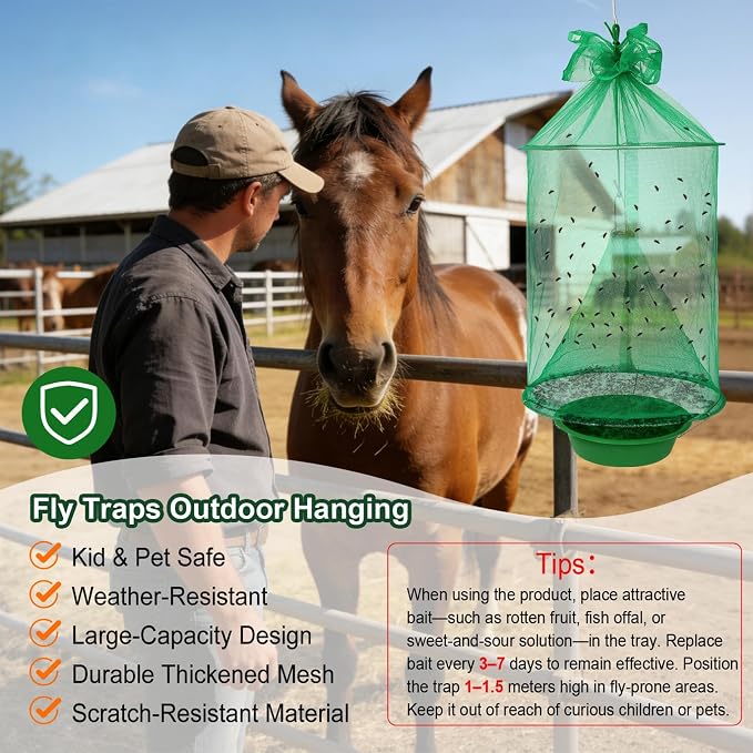 8 Pack Reusable Ranch Fly Trap Hanging, Fly Traps Outdoor Fly Catcher Killer Hunter Cage Control, Farm Horse Stable Fly Trap for Orchard, Barn, Garden