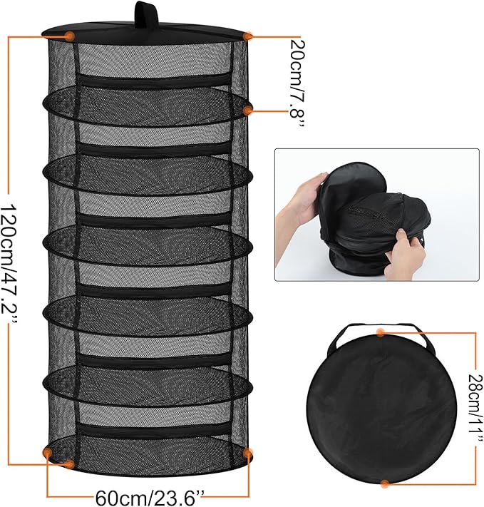 Desy & Feeci Drying Net Herbs 6-Layer Hanging Herbs Drying Rack Drying Net with Zips, Black, 60 x 120 cm