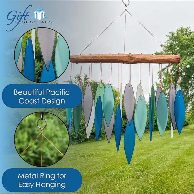 Blue Handworks Pacific Coast Glass Chime, Sandblasted Glass and Found Wood Handcrafted Wind Chime