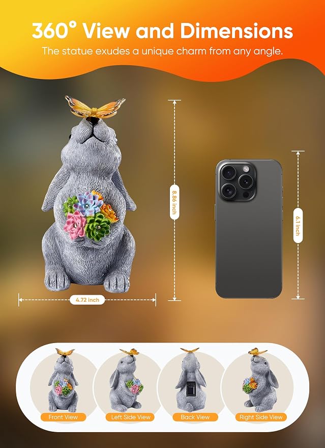Brightown-Solar-Rabbit-Garden-Decor-Statue with 6 LED Lights, Hand-Painted Resin, IP65 Waterproof Outdoor Decor for Patio, Lawn & Yard Decorations, Unique Mothers Day Gifts for Mom Women