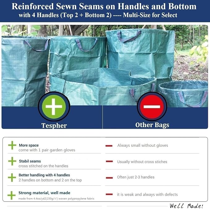 Professional 3-Pack 72 Gallon Big Lawn Garden Bags (D26,H30 in) Reusable Yard Waste Bags with Gardening Gloves for Pruning,Leaf Bag,Yard Debris,Lawn Weeds,Grass Clippings,Hedge Trimmings Bag 4 Handles