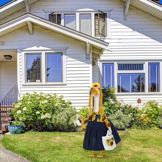 FuWeave Sunflower Goose Outfit for 23'' Cement Statue Porch Goose Clothes Flower Dress and Straw Hat for Large Statue Summer Outdoor Garden Patio Yard Lawn Art Decoration