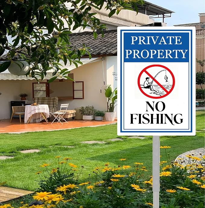 Private Property No Fishing Yard Sign With Stakes Do Not Fish Warning Signs Reflective Rustproof Aluminium Pool Lake Stand Outdoor 8X12 IN