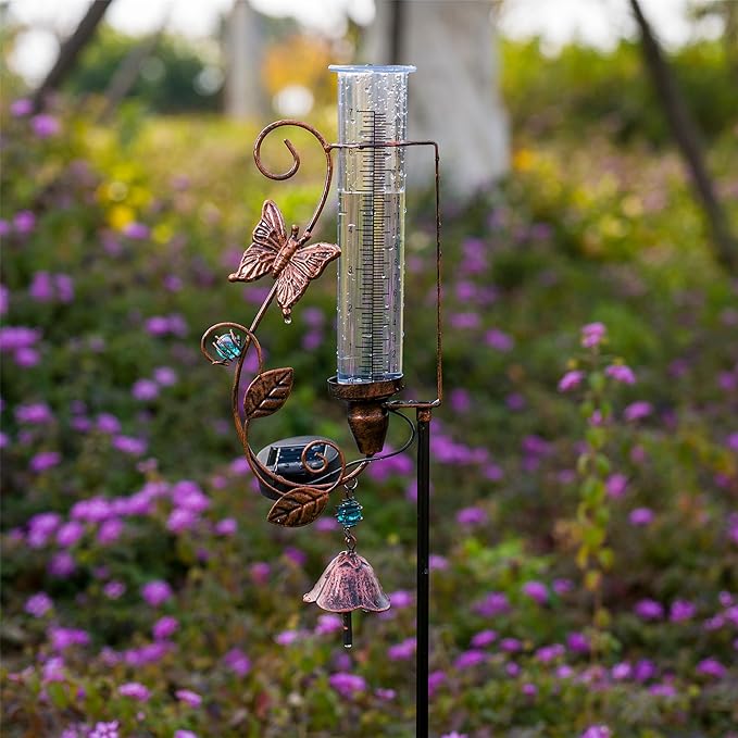 Rain Gauge Outdoor, Solar Rain Gauges with 7" Plastic Tube, Butterfly Metal Rain Gauge with Decorative Bell for Garden Yard Lawn Decor