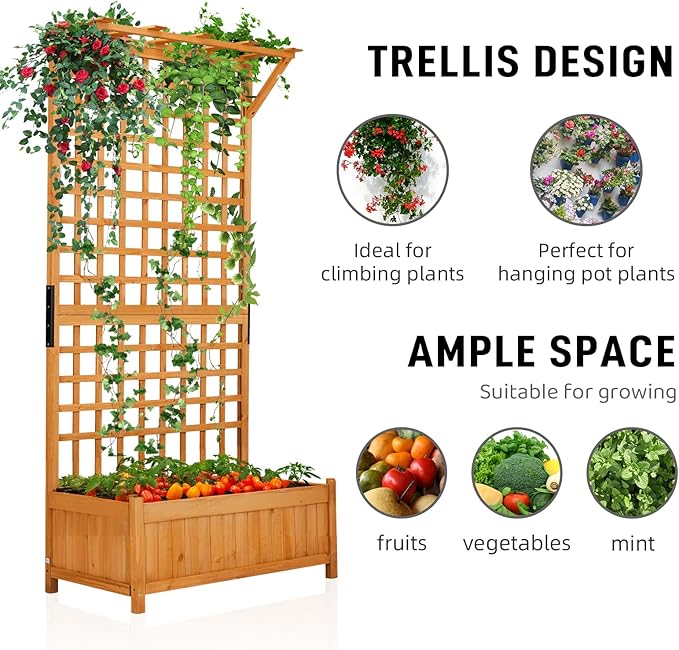 VINGLI Raised Garden Bed with Trellis, Natural Planter Box with Privacy Screen, 72 Inch Tall Wood Garden Boxfor Climbing Plants, Flowers, Herbs, Outdoor Balcony & Patio Decor (Natural)