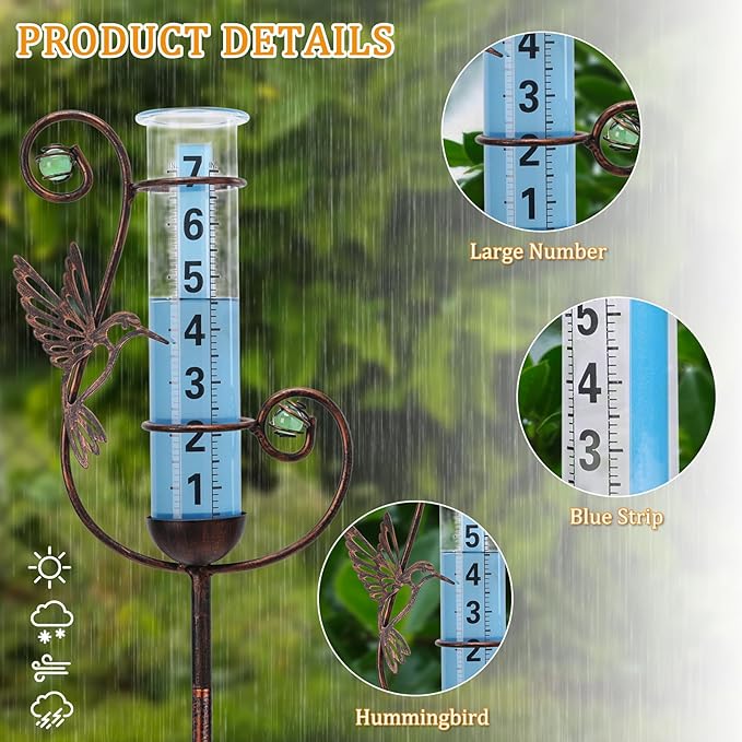 WONDER GARDEN Rain Gauge Outdoor, Decorative Hummingbird Rain Gauges Outdoors Best Rated, Freeze Proof Glass Water Rain Measure Gauge with Green Bead for Yard Patio Lawn Decor