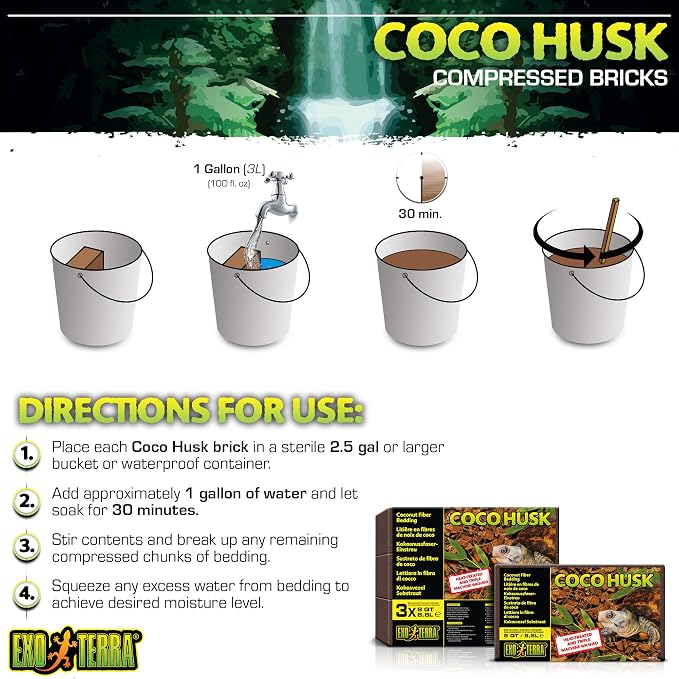Exo Terra Coco Husk Brick, 8 QT (8.8 L) – Natural Coconut Fiber Terrarium Substrate for Reptiles, Amphibians & Tropical Enclosures