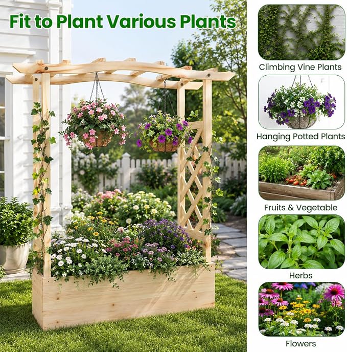 Giantex Set of 2 Raised Garden Bed with Sided Trellis & Hanging Roof, Wood Planter Box, Freestanding Garden Planter Raised Bed for Flowers Herbs Climbing Vines 44”x14”x45” (L x W x H)