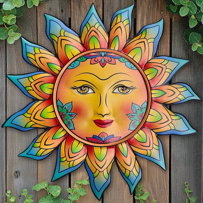 Daogtc Metal Sun Flower Wall Decor,12.87 inches Sun Wall Art Hanging Decoration for Indoor and Outdoor, Garden Farmhouse Yard Patio Fence Living Room Bedroom Decor