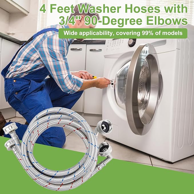 Washer Hose 6ft,Stainless Steel Washing Machine Hose 6 Foot with 90 Degree Elbows 2 Packs Braided Premium Washer Hoses Supply Lines-Hot and Cold Striped Water Connection-by MIFLUS,10 YEARS WARRANTY