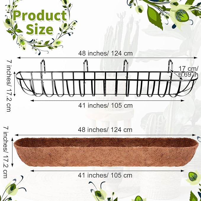 Tessco for you 2 Pack 48 Inch Window Baskets with Coconut Liner 4 Adjustable Flower Brackets Window Deck Planters Boxes Railing Planter Metal Hanging Flower Planter for Indoor Outdoor Lawn