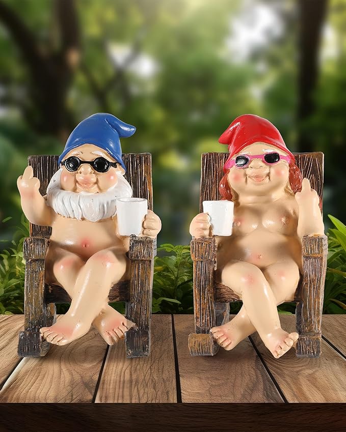 iStatue Funny Gnomes in Rocking Chair - 2 Pack Resin Middle Finger Decor Collectible Naked Gnome Figurines - Naughty Gifts for Garden, Home and Office