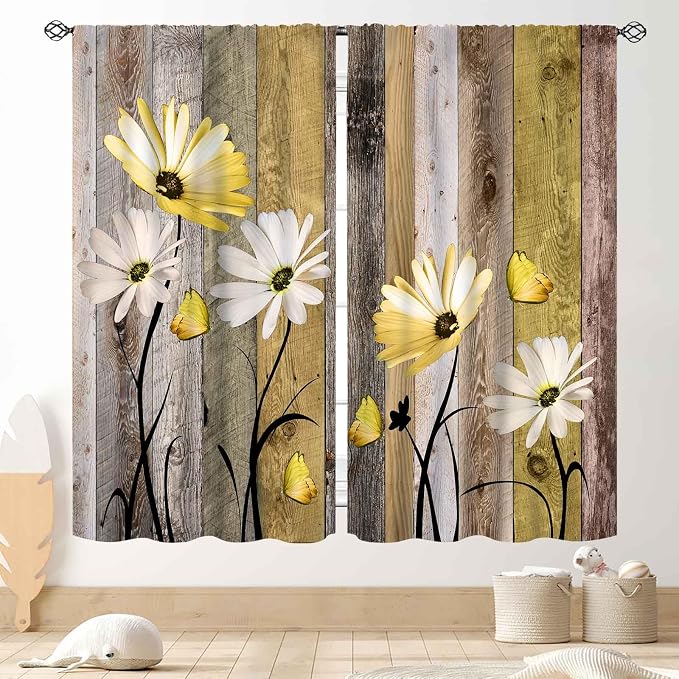 Farmhouse Daisy Curtains, Rustic Wooden Flower Retro Yellow White Floral Spring Butterfly Rural Country Style Window Curtains for Living Room Bedroom Kitchen Bathroom 2 Panels, 84"x63" Inch