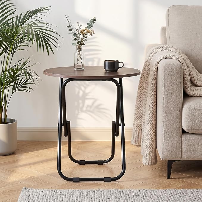VECELO Patio Outdoor Side Table,17.7 inch Small Folding Table Round Waterproof Wood Table, Foldable Anti-Rust Metal Legs Snack Desk for Garden Balcony,Yard,Living Room