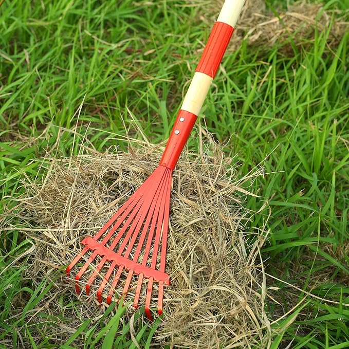 Kids Rakes with Hardwood Handle - Metal Kids Leaves Rakes, 28" Child Size Lawn Rakes with Vibrant Red Heads, Garden Tool Set for Kids Boys and Girls