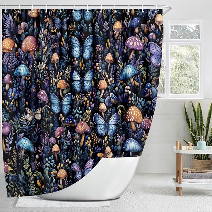 Boho Dark Mushroom Shower Curtain, Vintage Rustic Floral Butterfly Botanical Shower Curtain Purple Blue Black Farmhouse Bathroom Decor with Hook, Fairy Witchy Woodland Flowers Shower Curtain 72X72