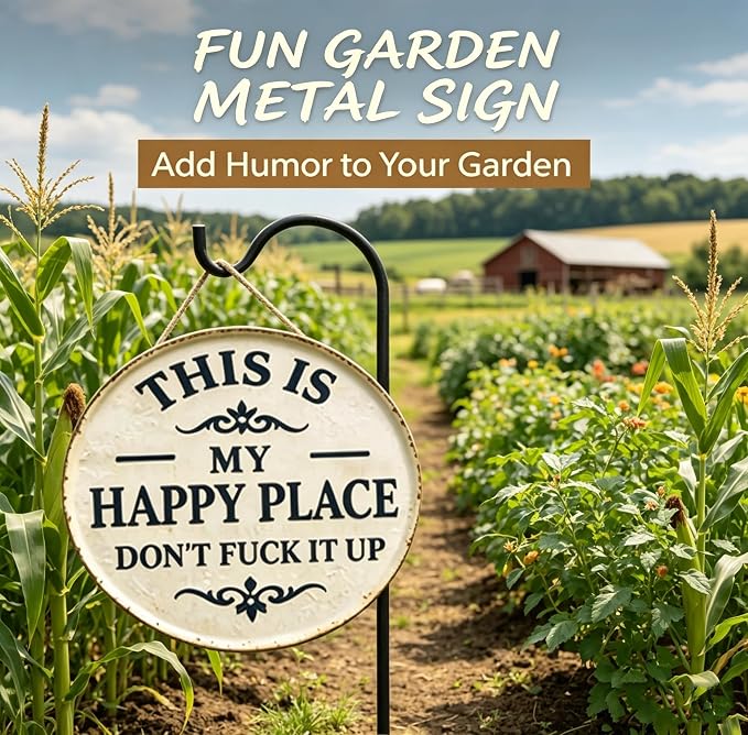 Funny Garden Metal Sign -"This Is My Happy Place Don't F*ck It Up Vintage Decor, Farmhouse Outdoor Art,Welcome Round Sign for Home Garden Farm Bar or Coffee Wall Decor (7.9 * 7.9in)