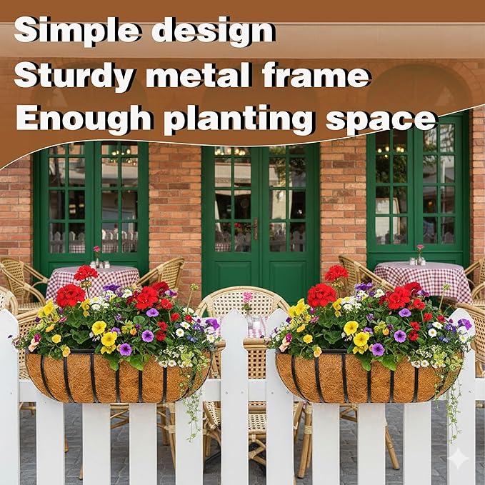 4 Pcs 36“ Railing Planter Window Box Deck Railing Planter Boxes with Coco Liner English Horse Trough Planters Metal Wall-Mounted Planters Basket for Outdoor Balcony Porch Fence Patio Rail